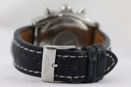 Breitling Chronomat Evolution Diamond 44mm Stainless Steel Automatic, A13356, white mother of pearl dial, factory set diamond hour markers and bezel, blue Breitling crocodile leather strap with Breitling buckle, With Breitling box and papers