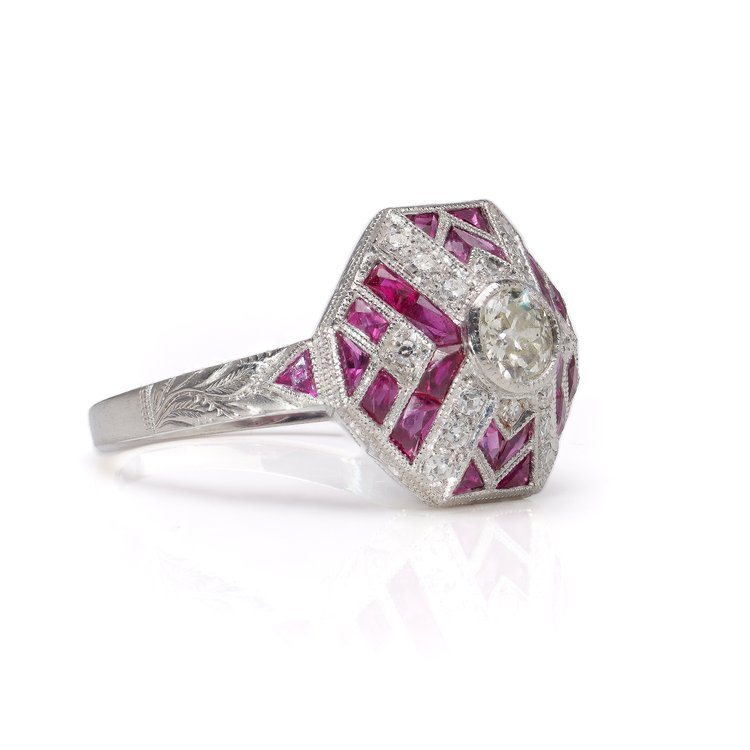 Art Deco Style Ruby and Diamond Cluster Dress Ring