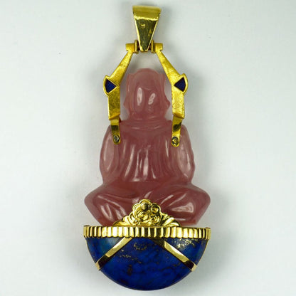 French 1.50ct Carved Rose Quartz Buddha Pendant with Lapis Lazuli and Rubies