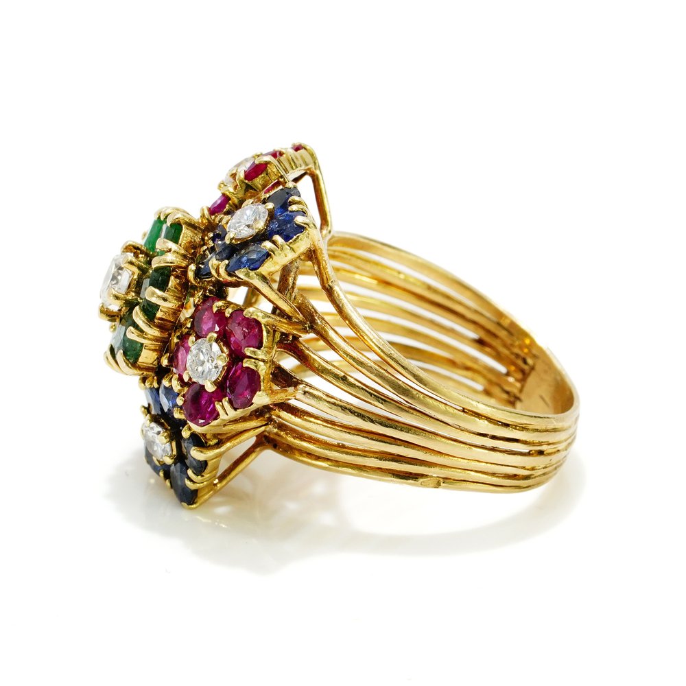 Vintage 1940s French Multi Gemstone Tutti Frutti Floral Cluster Ring with Diamond Emerald Ruby Sapphire
