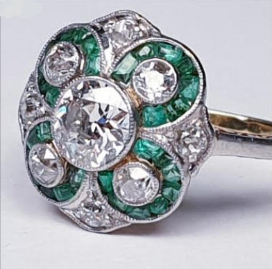 Antique Edwardian Emerald and Diamond Floral Cluster Dress Ring