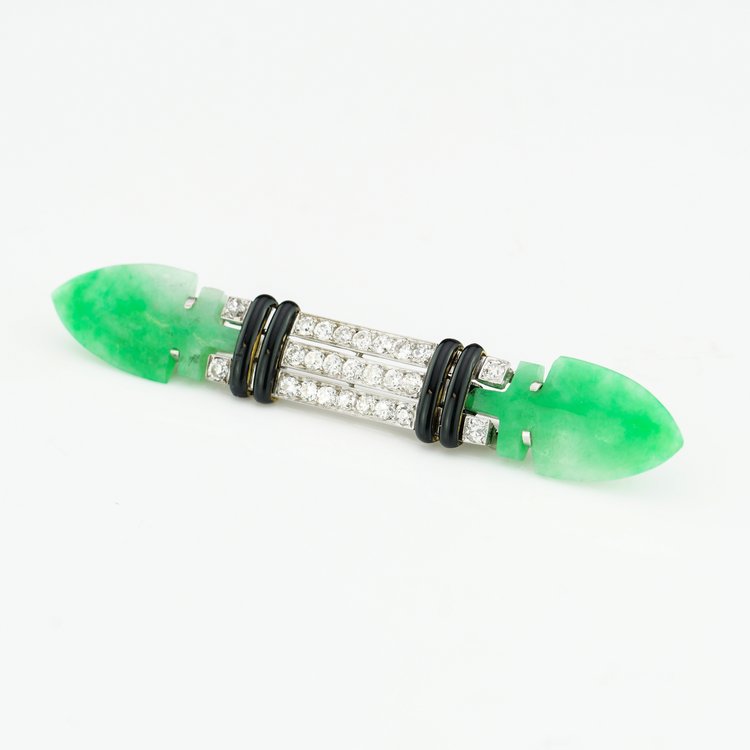 Boucheron Art Deco Platinum Brooch with Jade Onyx and Diamonds