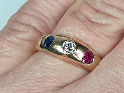 Antique Victorian Diamond, Sapphire and Ruby Three Stone Ring