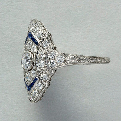 Art Deco Old Cut Diamond and Sapphire Navette Cluster Ring in Platinum