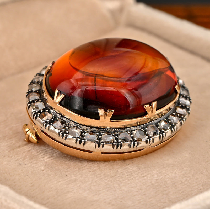 Antique 30ct Natural Baltic Amber and 2.30ct Rose Cut Diamond Cluster Brooch