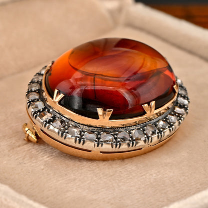 Antique 30ct Natural Baltic Amber and 2.30ct Rose Cut Diamond Cluster Brooch