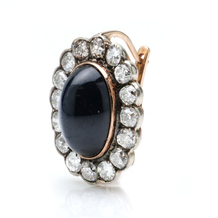 Antique Russian 12ct Cabochon Sapphire and Old Cut Diamond Cluster Earrings in 14ct Gold, Circa 1850s