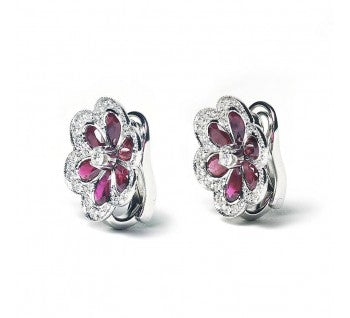 Ruby and Diamond Flower Cluster Stud Earrings, set in Platinum