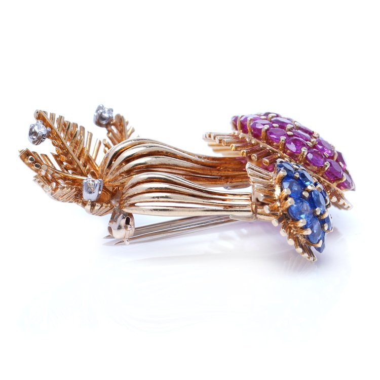 Vintage 18ct Yellow Gold Mushroom Brooch with Rubies and Sapphires