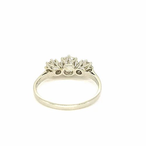 Old Cut Diamond Three Stone Ring; classic trilogy ring set with three old-cut diamonds, 1.00 carat total, claw set, mounted in platinum.