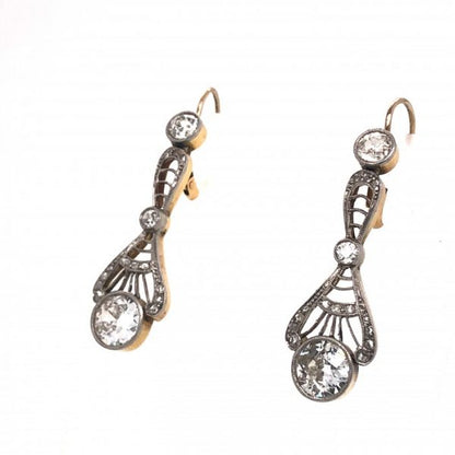Edwardian Style Old Cut Diamond Drop Earrings; set with old-cut and rose-cut diamond, 2.40 carat total, mounted in gold with silver settings