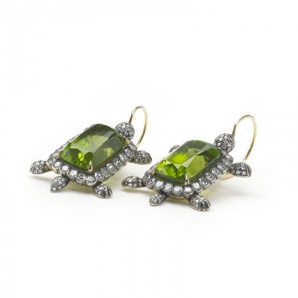 Peridot and Diamond Turtle Earrings, 30.48 carats