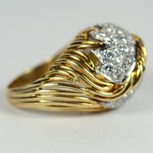 Vintage 1950s Diamond and 18ct Yellow Gold Leaf Design Bombe Ring; wirework strands of golden grass supporting a pavé set diamond leaf with a twisted gold central vein, 1.50 carat total