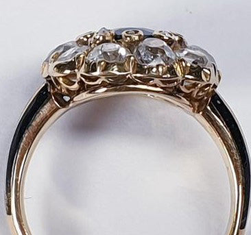 Antique Victorian 1ct Sapphire and Old Cut Diamond Cluster Ring with Enamel Shoulders in 18ct yellow gold