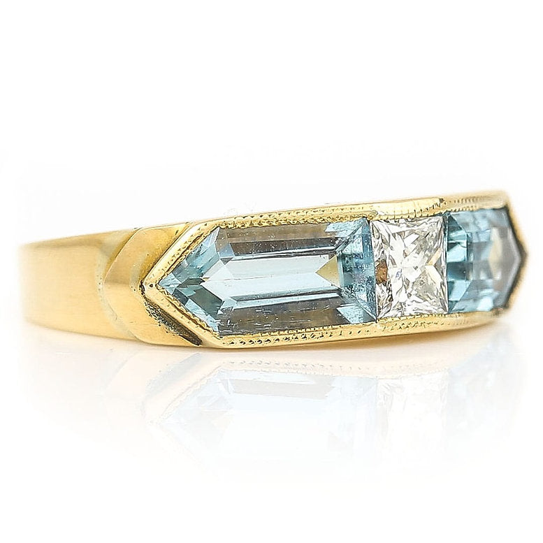 Vintage Trapeze Cut Aquamarine and Radiant Cut Diamond Trilogy Ring