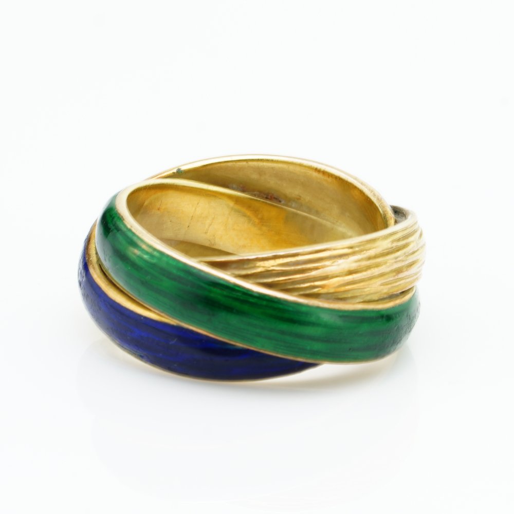 Vintage Van Cleef and Arpels 18ct Gold Blue and Green Enamel Twisted Ring