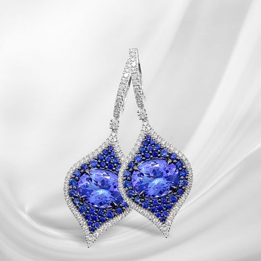 Tanzanite, Sapphire and Diamond Drop Earrings, 6.83 carats