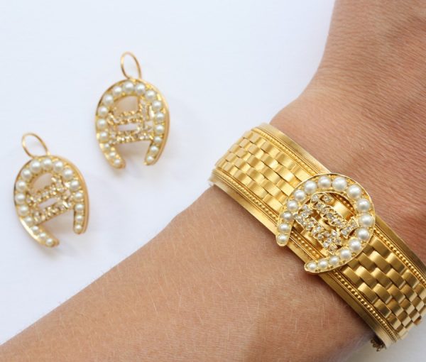 Antique Victorian Pearl and Diamond Set 18ct Gold Woven Bangle; pearl set horseshoe with diamond set 'good luck' text, with matching earrings