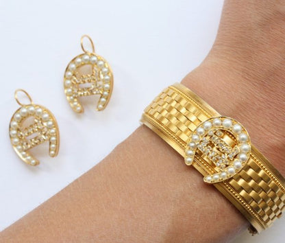 Antique Victorian Pearl and Diamond Set 18ct Gold Woven Bangle; pearl set horseshoe with diamond set 'good luck' text, with matching earrings