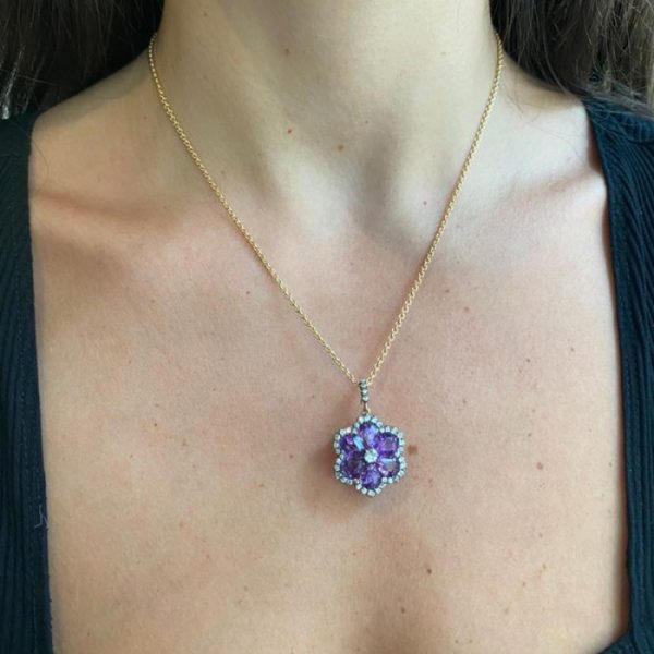Antique Victorian Amethyst Diamond Flower Pendant Brooch