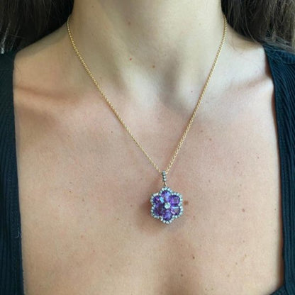 Antique Victorian Amethyst Diamond Flower Pendant Brooch
