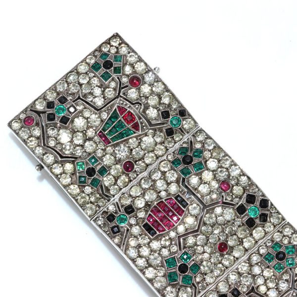 Art Deco Silver Panel Bracelet with Rubies, Emeralds, Sapphires and Paste
