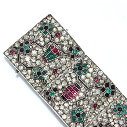Art Deco Silver Panel Bracelet with Rubies, Emeralds, Sapphires and Paste