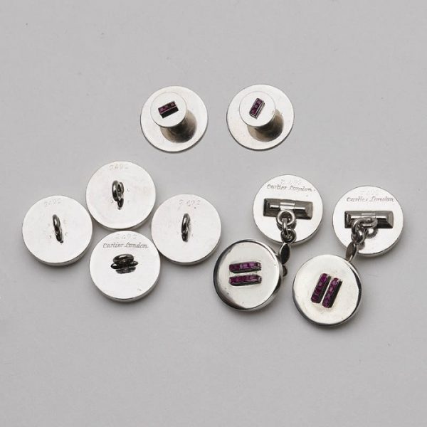 Cartier Vintage Ruby and Platinum Dress Set, in original fitted case, Signed and numbered, Circa 1950