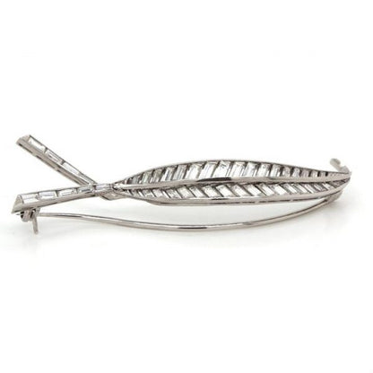 Vintage 1950s Baguette Cut Diamond and Platinum Leaf Brooch