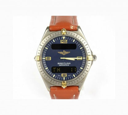 Breitling Aerospace Multi Function Titanium Gentleman's Wrist Watch, circular 40mm titanium case, quartz movement. On a Breitling brown leather strap