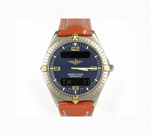 Breitling Aerospace Multi Function Titanium Gentleman's Wrist Watch, circular 40mm titanium case, quartz movement. On a Breitling brown leather strap