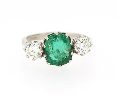 Emerald and Old Cut Diamond Trilogy Ring, 4.30 carat total, Platinum