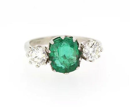 Emerald and Old Cut Diamond Trilogy Ring, 4.30 carat total, Platinum
