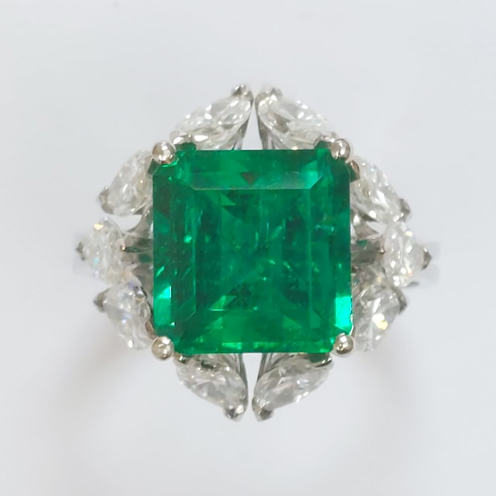 4.17ct Colombian Emerald and Marquise Cut Diamond Ring