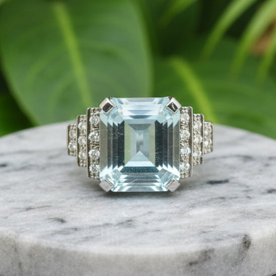Platinum Aquamarine Cocktail Ring with Diamonds, 4.50ct Aquamarine