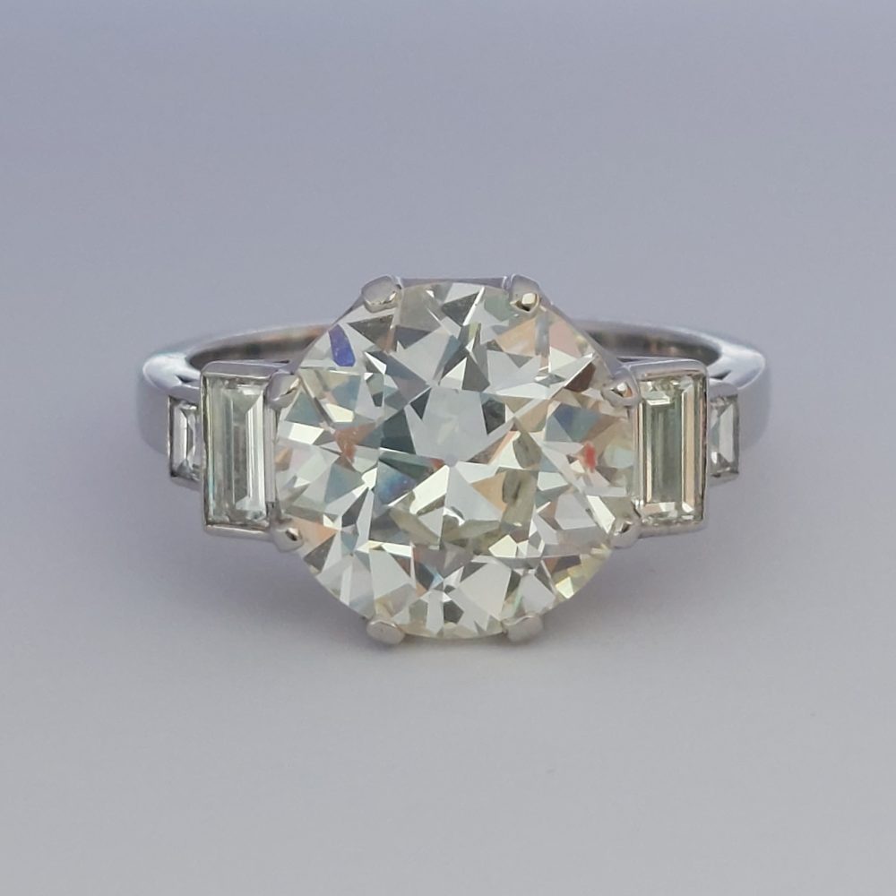 4.75ct Old European Cut Diamond Ring with Baguette Diamond Shoulders