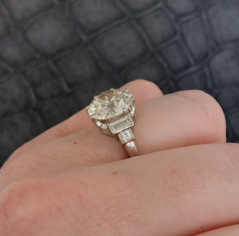 4.75ct Old European Cut Diamond Ring with Baguette Diamond Shoulders
