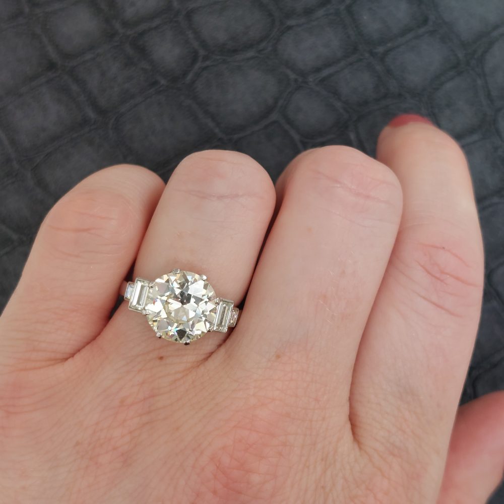 4.75ct Old European Cut Diamond Ring with Baguette Diamond Shoulders