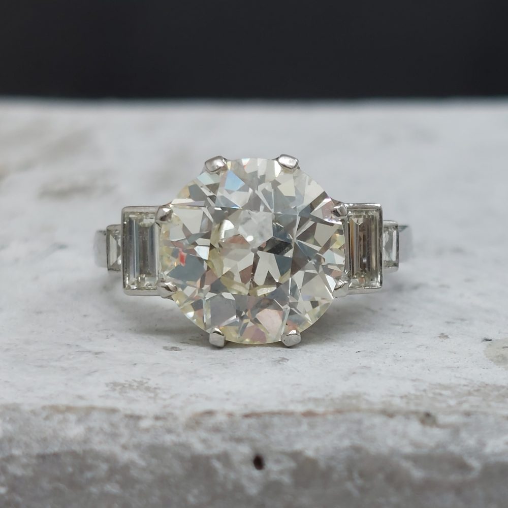 4.75ct Old European Cut Diamond Ring with Baguette Diamond Shoulders