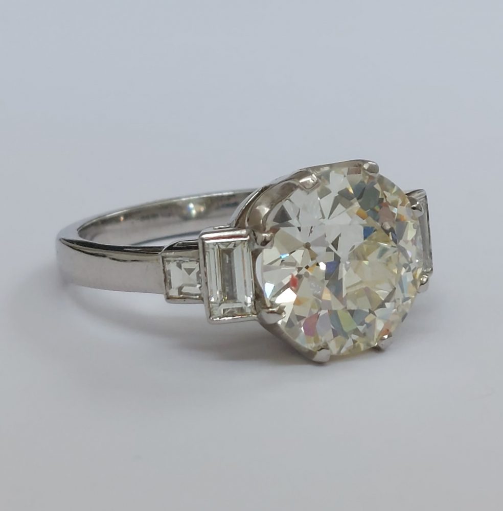 4.75ct Old European Cut Diamond Ring with Baguette Diamond Shoulders