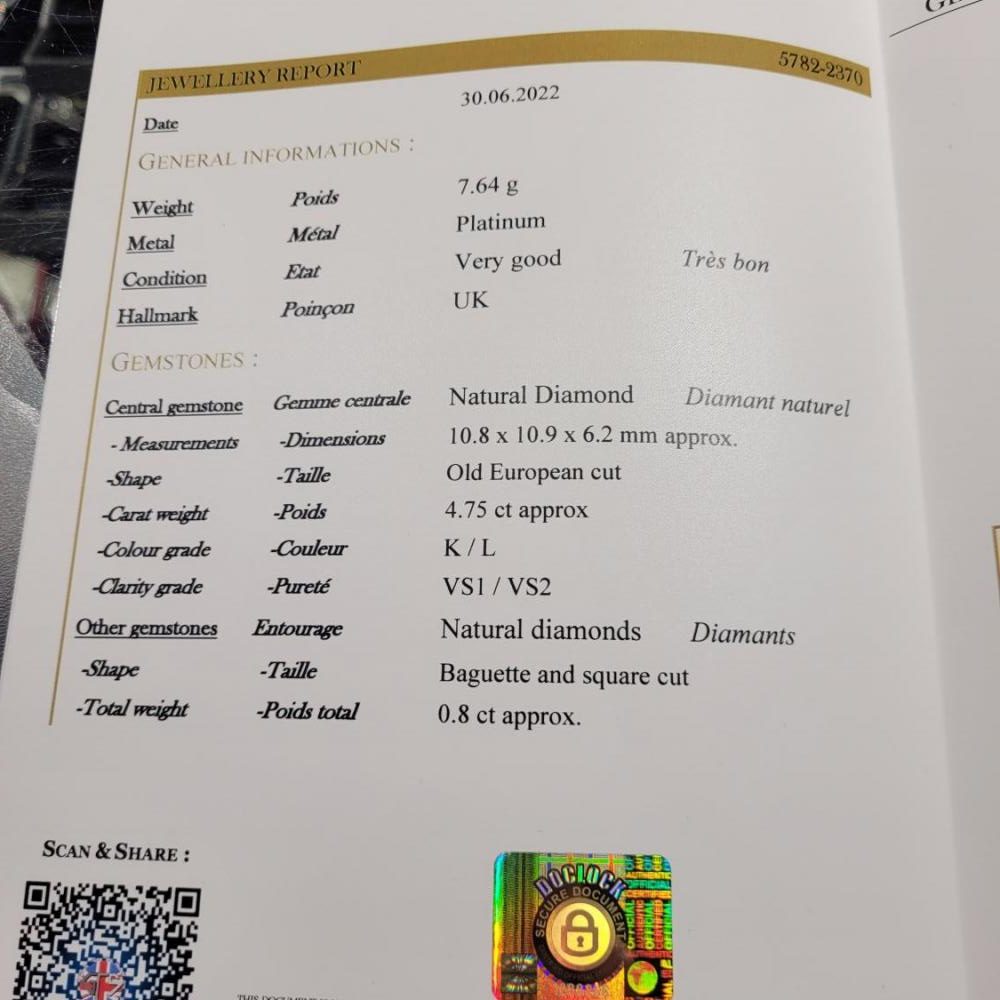 4.75ct Old European Cut Diamond Ring with Baguette Diamond Shoulders