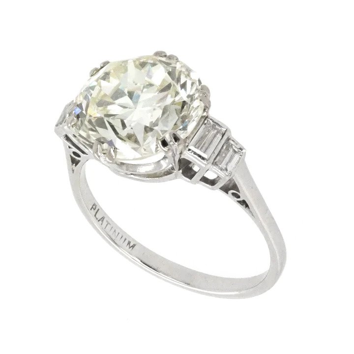 Art Deco Inspired Single Stone 4.99ct Diamond Solitaire Engagement Ring with Baguette Shoulders in Platinum