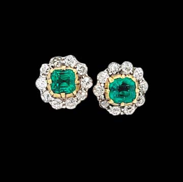 Victorian Antique Colombian Emerald and Old Cut Diamond Cluster Stud Earrings, Colombian emeralds surrounded by 0.60cts old cut diamonds in 18ct yellow gold and platinum. Circa 1890