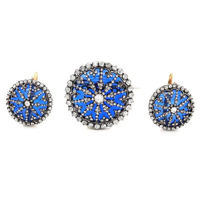 Antique Victorian Blue Glass and 4ct Old Cut Diamond Demi Parure, Circa 1880s