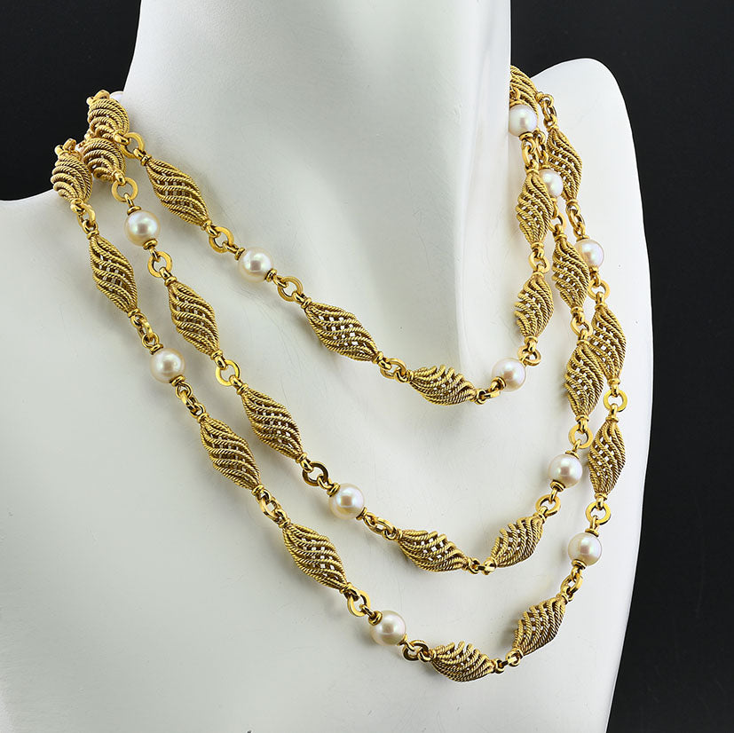 Vintage Italian Weingrill Pearl and Gold Cord Spiral Long Chain Necklace