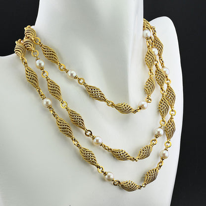 Vintage Italian Weingrill Pearl and Gold Cord Spiral Long Chain Necklace
