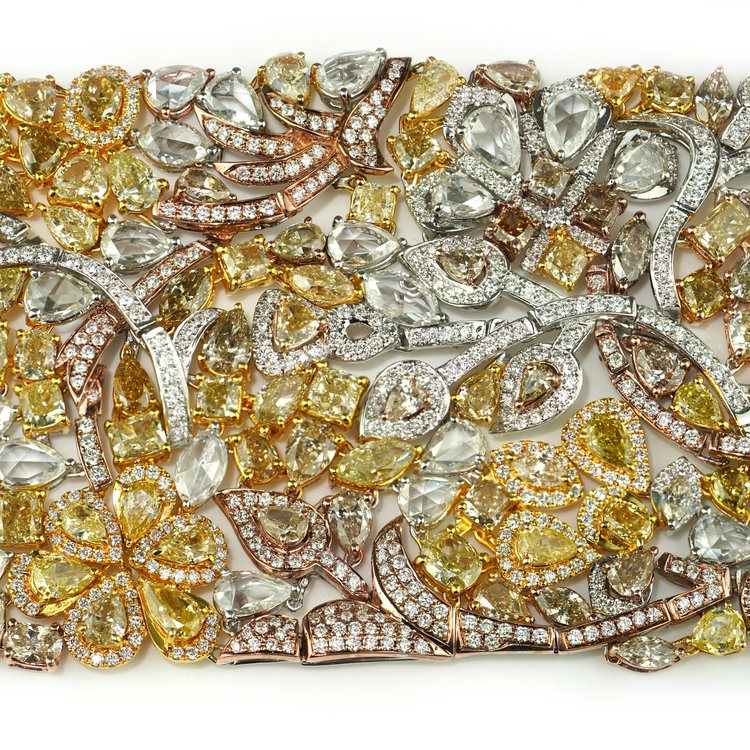 Fine Fancy Yellow Diamond Cuff Bracelet in Tri Colour 18ct Gold, 57.80 carats