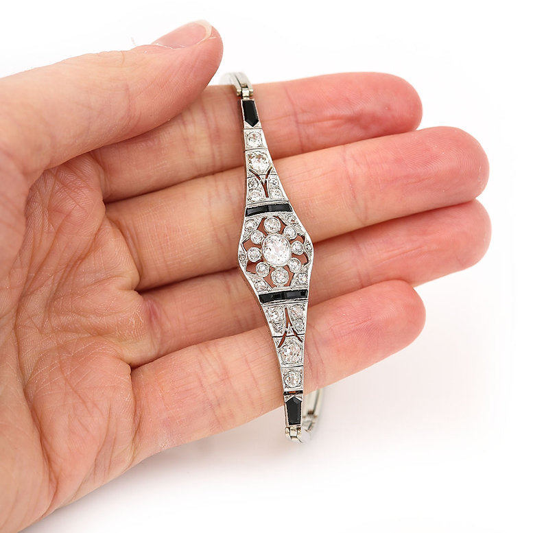 Art Deco 2ct Old Mine Cut Diamond and Onyx Bracelet