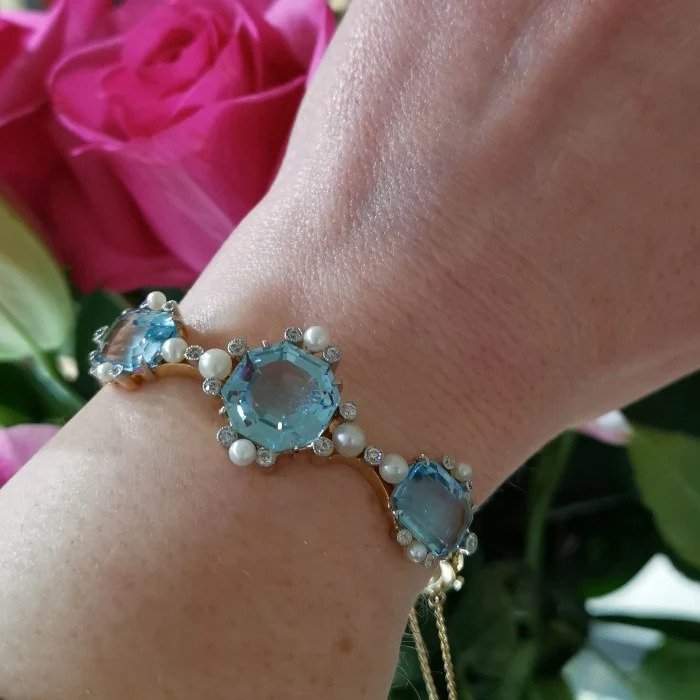 Antique Edwardian Aquamarine Pearl and Diamond Bangle