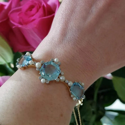 Antique Edwardian Aquamarine Pearl and Diamond Bangle